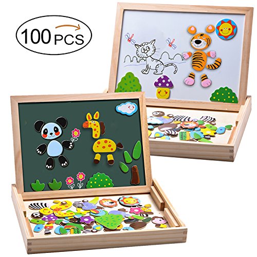 MOVEONSTEP Puzzle Magnetico Giocattolo in Legno 100 PCS Giochi Creativi Doppio Lato Magnetico Lavagna Educativi Tavolo da Disegno Bambini per Età 3+