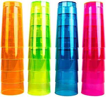 Neon Long Drink Glass, 250 ml, Pack of 20 in a Set in 4 Styles Multicoloured Neon Mix Brilliant Intense in The Sunlight – Lights in Black Light – Pink, Green, Orange & Blue