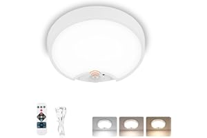 OMECO 2pcs 3Farben LED Deckenleuchte mit Bewegungsmelder Akku Deckenlampe mit batterie und fernbedienung 200LM 6500K Rund Dimmbar mit 3 Modi Batteriebetrieben für Bad Flur Dachböden Balkon Keller