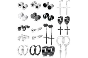 JeryWe 16 Pares Pendientes Punk Negros Plateados para Hombres Mujeres Acero Inoxidable Cruz Flecha Aros Pendientes Colgantes Tachuelas Falsas CZ Bola Cónico Tachuelas