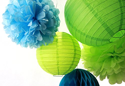 SUNBEAUTY Blau Grün Serie Tissue Papier Pompom & Honeycomb Ball Wabenball & Lampion Mixed Geburtstag Feier Party Dekoration