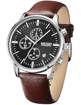 Megir Herren-Chronograph, Armbanduhr, braunes Lederband, wasserdicht, Silber, Quarz