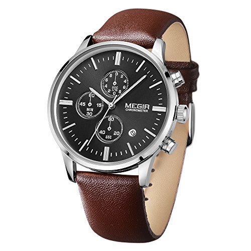 Megir Herren-Chronograph, Armbanduhr, braunes Lederband, wasserdicht, Silber, Quarz Megir Herren-Chronograph, Armbanduhr, braunes Lederband, wasserdicht, Silber, Quarz