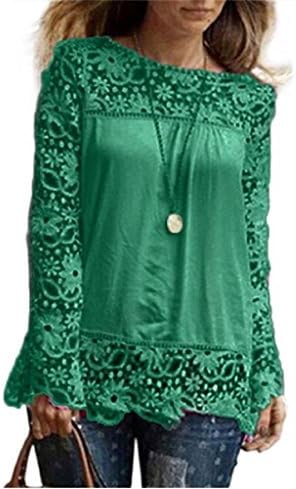 Women T-Shirt LMMVP Fashion Womens Long Sleeve Shirt Casual Lace Blouse Loose Cotton Tops (L, Green)