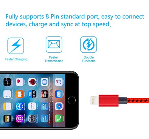 Flashstye 3 Pack 2.2M Phone Charger Nylon Braided Lightning to USB Cable Apple lightning cable for iPhone 7 Plus 6S Plus 6 Plus SE 5S 5C 5, iPad 2 3 4 Mini, iPad Pro Air, iPod.(Red Black) - 5