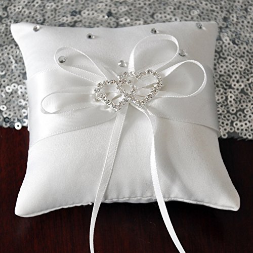 JUYUAN-EU schöne Blumen-Knospe Hochzeit Tasche Elfenbein Ringkissen Doppel-Herz Träger 20 x 20 cm - 5
