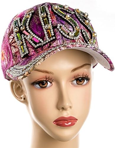 Ibepro® Ladies Novelty Fashion Hat Cap Multi Colored Flower Pattern Jewel Crystal Bling Rhinestone Casual Cap Sparkle Glitter Studded Rhinestone Adjustable Baseball Cap Hat-Various Styles(15)