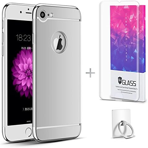 Hanglong 3 in 1 Full Protective Phone Case with Electroplate Frame For iPhone 7 (with one Tempered Glass Screen Protector)-Silver