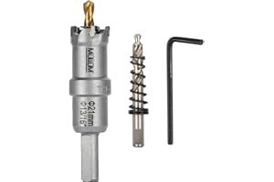 Mollom (21mm | 13/16") Scie cloche en carbure pour usage intensif avec 2 forets pilotes, coupe l'acier inoxydable, l'acier doux, le fer, le cuivre, le laiton et le plastique.