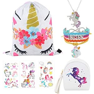 7 Piezas Unicornio Regalos para Niñas Bolsa con Cordón Monedero Tatuajes Temporales Niños Pulsera Collar Joyas Regalos Unicornio Favores Fiesta de Cumpleaños Unicornio