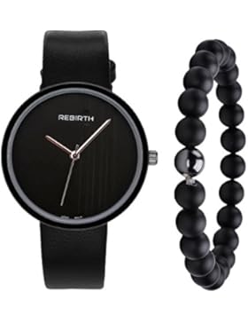 JSDDE Armbanduhr Set,Japanische Uhrwerk Lederband Schwarz Uhr+Armband Unisex 8MM Matte Schwarz Achat Magnet Stein...