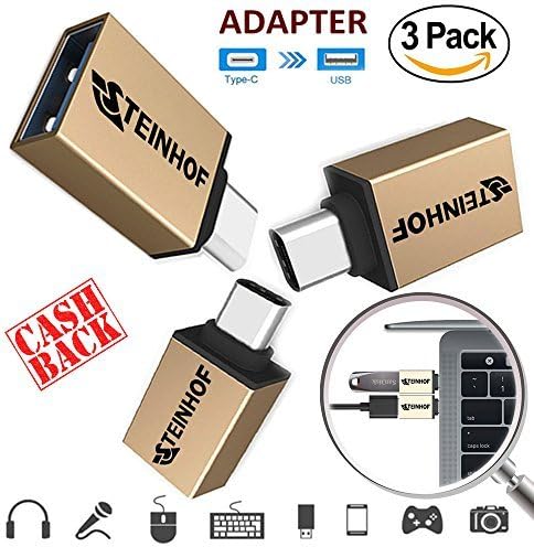USB C to USB A 3.0 Adapter Aluminum 3 Pack Gold, USB C OTG Adapter, Type C Adapter, Male USB C to Female Adapter, For USB Mouse Keyboard Flash Drive, Samsung Galaxy S9, HUAWEI Mate 10 Pro, New Macbook Pro