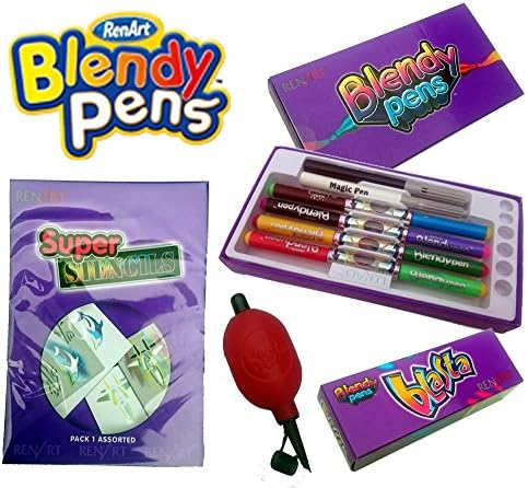 RenArt Magic Blendy Pens, Blasta and Stencil starter kit | Kit includes 1 x set of fantastic Magic Blendy Pens. 1 x Blendy Pen Blasta, for blending the colour. • 1 x Pack of 36 Card Stencils. 1 x Instruction Sheet. COURIER DELIVERY