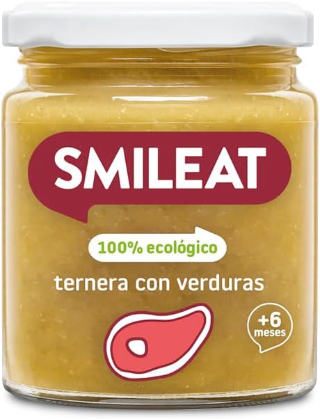 Smileat - Tarrito Ecológico con Sabor a Ternera con Verduras, Ingredientes Naturales, para Bebés desde 6 Meses, Sano y Saludable, sin Gluten - Tarro de 230 g