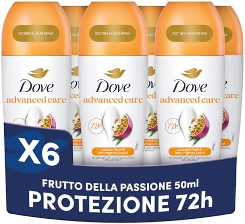 Dove, Deodorante Roll On Advanced Care Passion Fruit, Deodorante Antitraspirante, Formula Delicata Con Tripla Azione Idratante, Protezione Fino a 48 Ore, Deodorante Uomo e Donna, 6 Pezzi da 50 ml