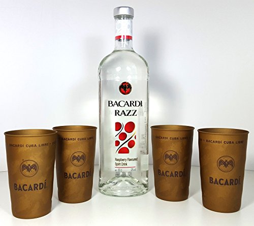 Preisvergleich Produktbild Bacardi Razz Rasperry 1L (32% Vol) + 4x Metall Becher 2 / 4cl geeicht