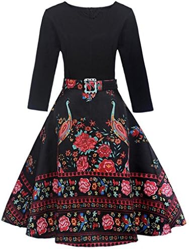Sunday Women Dress Vintage Print Floral Casual Daily V-Neck 3/4 Sleeve Evening Party Prom Swing Dress Mid-Calf Dress for Women
