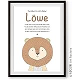Das Leben ist schön - einzigartiger mit Wunschnamen und Datum personalisierbarer Kunstdruck von ABOUKI - ungerahmt - im DIN A4 oder DIN A3 Format auf hochwertigem Fine Art Papier mit Motiv Löwe