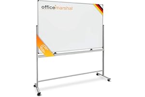 ‎OFFICEMARSHAL OfficeMarshal Whiteboard mit Ständer 120 x 180cm mobiles Whiteboard auf Rollen doppelseitige Stativdrehtafel magnetisch, beschreibbar, rollbar, leicht abwischbar mit Stifteablage, Aluminiumrahmen