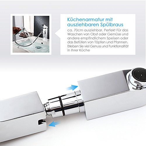 Homfa ausziehbare Küchenarmatur, Waschtischarmatur, Wasserhahn, Einhandmischer mit Schlauch-Brause, Keramik Kartusche, Messing verchromt - 4