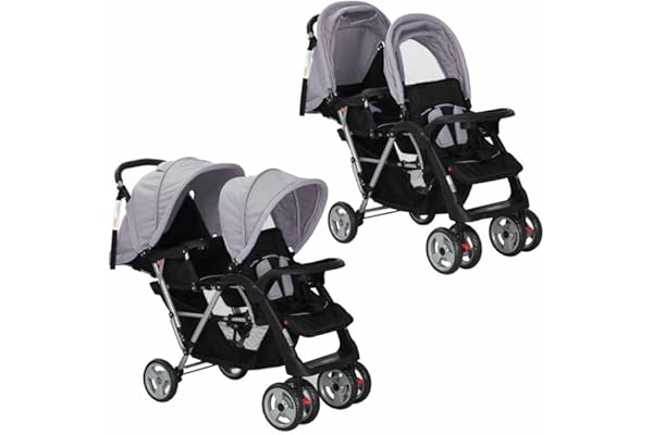 vidaXL Poussette à Deux Places Acier Gris et Noir Pliable Landu d'Enfant Bébé