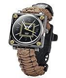 ZENDY Paracord Seil Quadrat Uhren Armband mit Zündstein rostfreiem Schaber und Pfeife und Kompass Multifunktions -Outdoor-Survival-Tools (Braun)