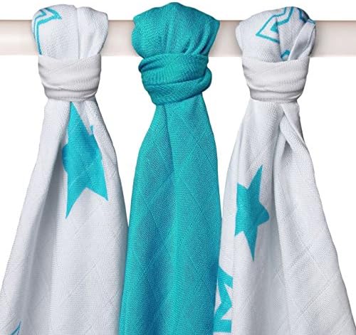 XKKO Stars – Pack of 3 Muslin Squares with A Embroidered Bamboo, Stars Turquesas, 70 x 70 cm, 90 grams