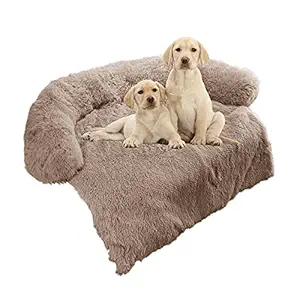 Calming Dog Bed Fluffy Plush Dog Mat for Furniture Protector with Removable Washable Cover for Large Medium Small Dogs and Cats (Medium(41x37x6), Light Brown)