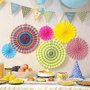 PH Enterprise Paper Hanging Fans Decoration Set, Multicolor, Set Of 6