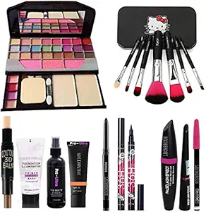 RUPALI 7pcs Makeup Brush Set With Tya Makeup Kit,3d Contour Stick,primer, Fixer, Foundation, Kajal, Waterproof 36h Sketch Eyeliner and 3in1 Combo Set (Pack of 9)