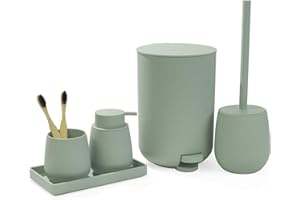 AJEUNGAIN Juego de Baño Accesorios Completo, 5 Piezas Set de Baño Moderno - Dispensador de Jabón, Soporte Cepillo de Dientes, Cubos de Basura para Baño, Escobillero, Bandeja para Organizar (Verde)