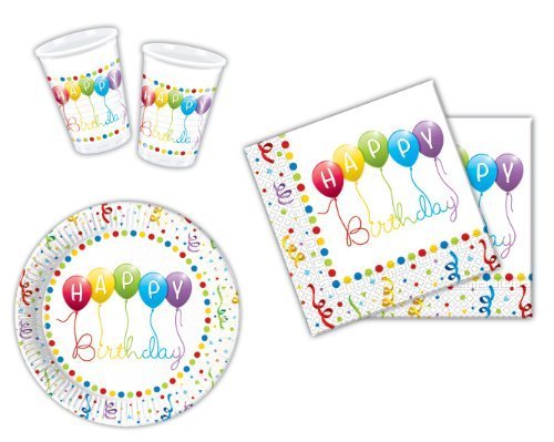 Happy Birthday Streamers Partygeschirr - Partyset Becher Teller Servietten