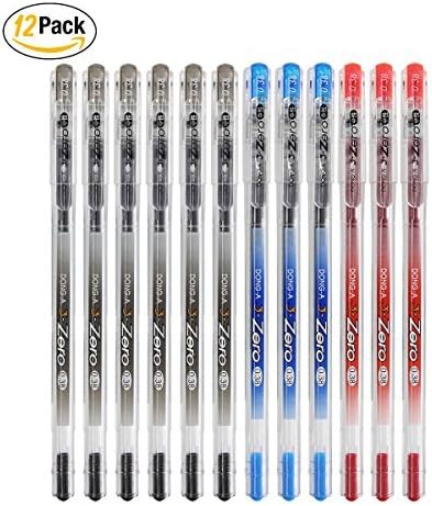 Treeding Gel Ink Rollerball Pens , Dong-a Zero 0.38 mm , Fine Point Fine-Tech Excellent Smooth Writing, Metal Tip Assorted Ink Pen Black Blue Red - 12Pack