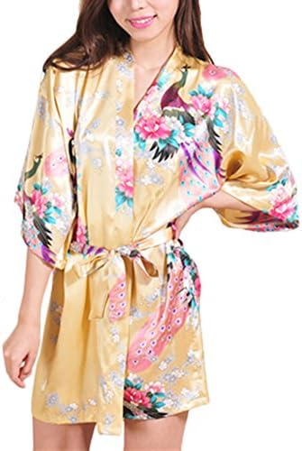 Waymoda Women Luxury Silky Satin Evening Dressing Gown, Ladies Peacock and Blossoms Pattern Kimono Pajamas, 10+ Color, 4 Sizes Optional - Short style