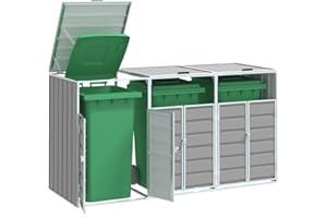 Festnight Copri Bidoni Spazzatura Esterno Copribidone Spazzatura Esterno Copri Pattumiera da Esterno Copribidone con Ruote per 3 Bidoni Grigio 216x81x115 cm Acciaio