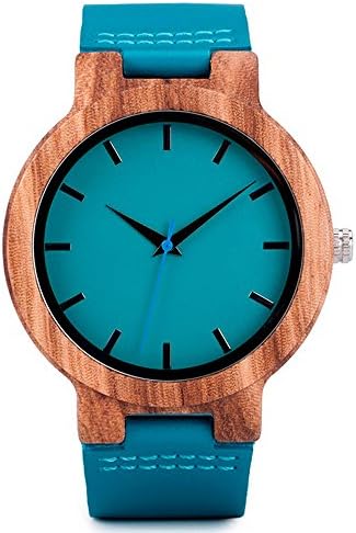 CozofLuv WC28 Blue Leather Band Antique Lovers Wood Watches With Blue Dial Zebra Wooden Watch in Gift Box (Men Size)