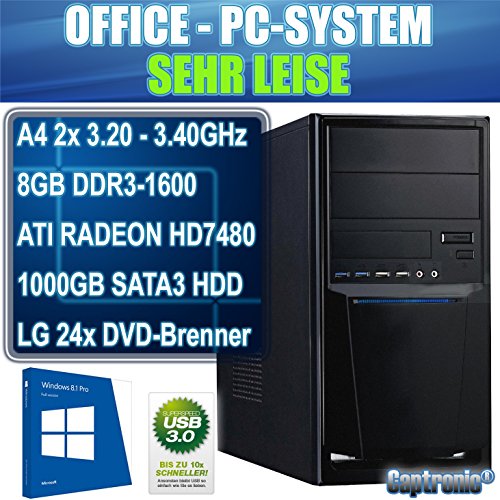 Captronic® (A4-4020-8GB-HD7480D-1TB-Win8.1Pro) Windows 8.1 Professional 64bit | DualCore Silent Office PC Front USB 3.0 AMD A4-4020 2x 3,20GHz (Turbo bis 3400MHz) | KINGSTON 8GB DDR3-1600 | 24x DVD-Brenner | 1000GB HDD SATA3 | ATI Radeon HD 7480 2GB HDMI/DVI/VGA | CardReader | 7.1 Sound | GigabitLAN | Design Gehäuse Schwarz - 2
