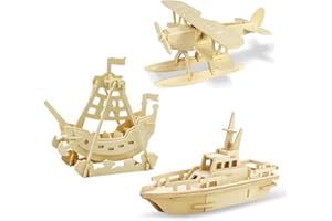 Georgie Porgy Woodcraft Construction Kits 3D Wooden Jigsaw Puzzle Wooden Model Kits for Kids Toys Age 5+ Pack of 3 (Hydroplane+Swing Boat +Lifeboat)