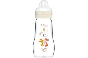 MAM Feel Good Glass Bottle | 1 Pack (1 x 260ml) | MAM Glass Bottle with Medium Flow Teat Size 2 | Baby Accessories for Newborn | White (Various Designs)