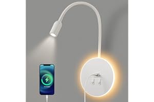 Awekliy LED Kinkiet, gęsia szyja z Przełącznikiem, z portem ładowania USB, Obrotowa Lampka Nocna Nowoczesna Lampa do Czytania lampki Ścienna Ciepłe Białe Światło 3W 3000K+8W 6000K do sypialni(Biały)