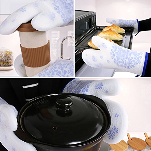 Ofenhandschuhe Und Topflappen Schürze Silikon, Backhandschuhe 2er Set, Doppelt Hitzebeständig, Gummi Grillhandschuhe Profi, Weiß Hellblau Design Blumen, Waschbar, Hochwertig - 3