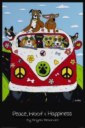 Peace Woof and Happiness by Angela Alexander 24x36 Art Print Poster Dog Lovers Humor Retro Pop Style VW Beetle by ISI Posters