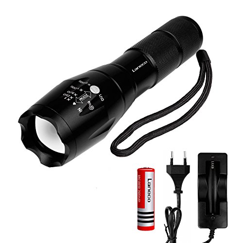 Laneco A100 Wiederaufladbare LED Taschenlampe, Super Hell Taktische Taschenlampe mit 18650 Li-Ionen-Akku und Ladegerät, Tragbare Wasserdichte Taschenlampe mit Einstellbarem Fokus und 5 Lichtmodi für Campen Wandern usw