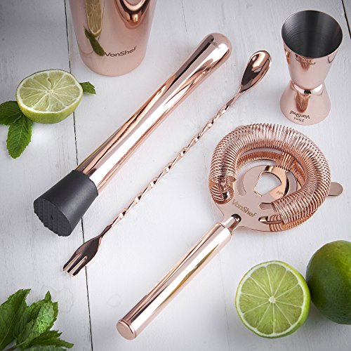VonShef Premium Kupfer Pariser Cocktail Set mit Rezeptbuch, Edelstahl 550ml Shaker, 9” Gedrehter Barlöffel/ Gabel, Hawthorne -Sieb, 25ml/ 50ml Messbecher & Stößel, Zwei Jahre KOSTENLOSE Gewährleistung - 4