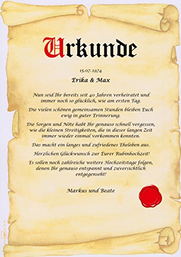 Rubinhochzeit Urkunde persönliche Geschenk Karte zum 40. Hochzeitstag Pergament div. A4 Papier Motive - 3