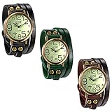 JewelryWe 3pcs Herren Damen Armbanduhr, Leder Armband Wickelarmband, Casual Retro, Analog Quarz Uhr, Vintage grünes Digital Zifferblatt, 3 Farben