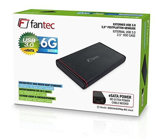 FANTEC 225U3eSATAp-6G Externes Festplattengehäuse (für den Einbau einer 6,35 cm (2,5 Zoll) SATA I/II/III Festplatte oder SSD, SATA III 6G und UASP Support, USB 3.0 SUPERSPEED und eSATAp Anschluss, eSATA Power, passive HDD Kühlung, robustes Aluminium Gehäuse im gebürsteten Design) schwarz - 3