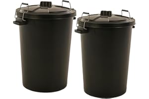 Novostyl 2 PACK - LARGE BLACK GARDEN DUSTBIN- 90L REFUSAL HEAVY DUTY PLASTIC WASTE BIN WITH CLIP LID