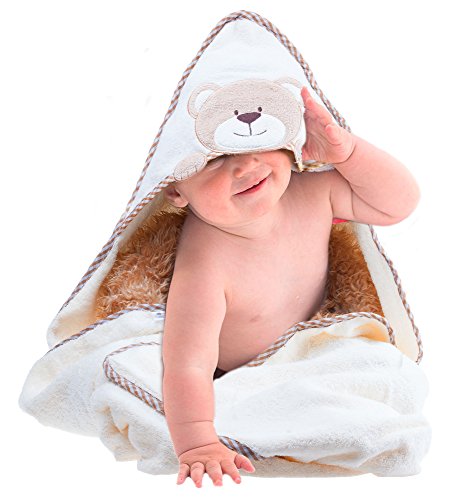 Baby Badehandtuch mit Kapuze in weicher Baumwolle – Kinder Kapuzenhandtuch – Warm und kuschliger Baby Poncho – 100x100cm – Bär - 2