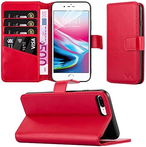Apple iPhone 8 Plus Case - Combines 3 Card Design and Magnetic Closing clasp Card Case Cover Premium Leather with Screen Protector, Microfibre Polishing Cloth (Red)